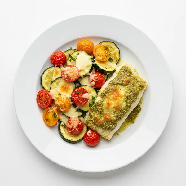 Pesto Glazed Fish with Roasted Cheesy Cherry Tomatoes and Zucchini Bake